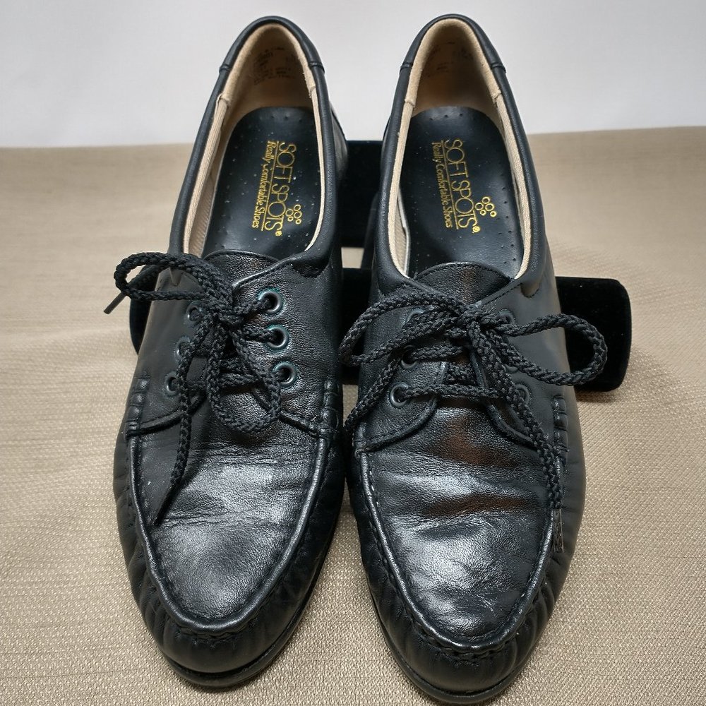 SOFT SPOTS BLACK LEATHER MOC TOE OXFORD SIZE 8N